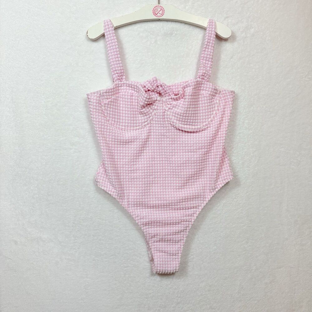 Abercrombie & Fitch Pink Gingham Seersucker Textured One Piece Swimsuit Size L